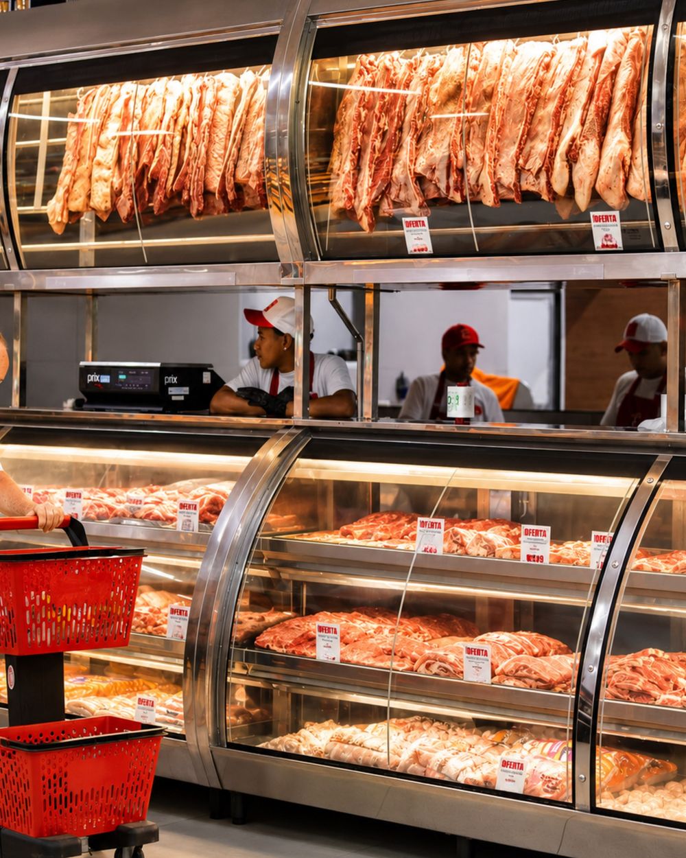 Balcão do açougue com carnes expostas e cortes pendurados